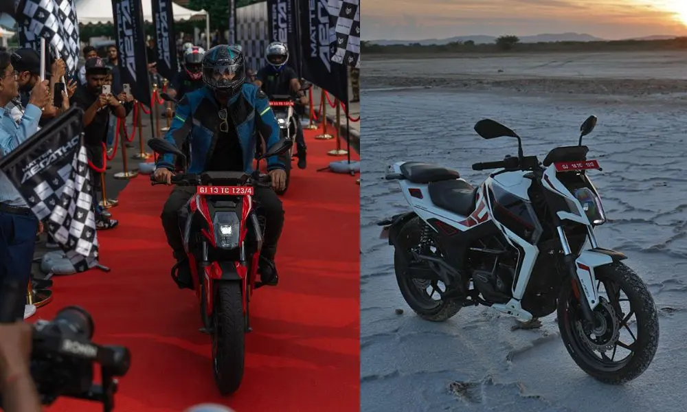 Geared Electric Bike Matter Aera begins 25,000 km journey across India, featuring a sleek red and black model at launch and a white version set against a scenic backdrop.